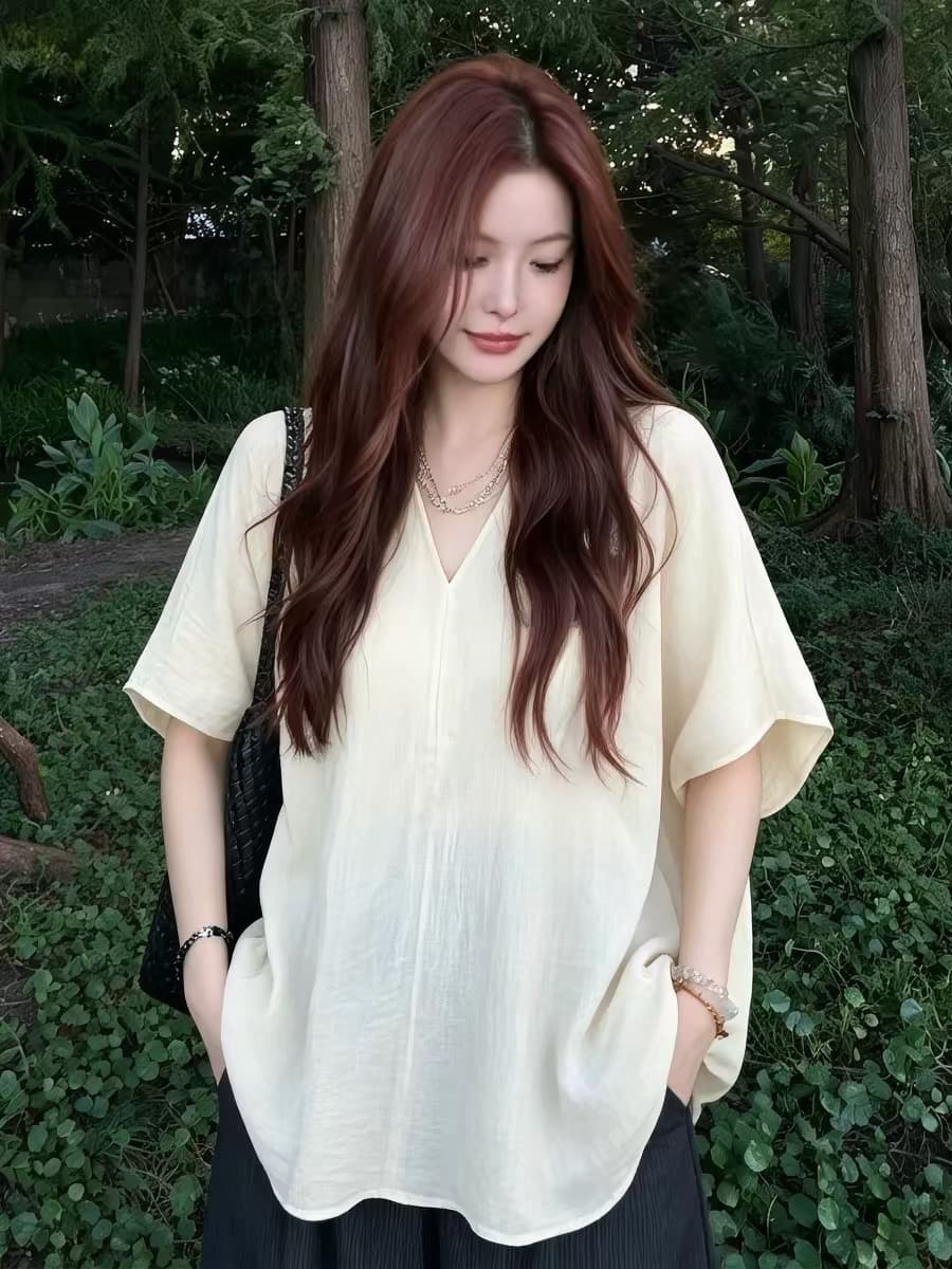 오래된 돈 바람 모방 아마 셔츠 반팔 여성 2026 새로운 고유 한 자이언트 잘 생긴 블라우스 디자인 센스 빅 사이즈 맨위 얇은 상세 이미지 1