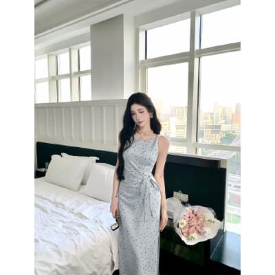 barb chill 부드러운 자매 민소매 슬립 도트 무늬 여성 드레스 여름 허리 수축 프랑스식 롱 스커트 상세 이미지 1