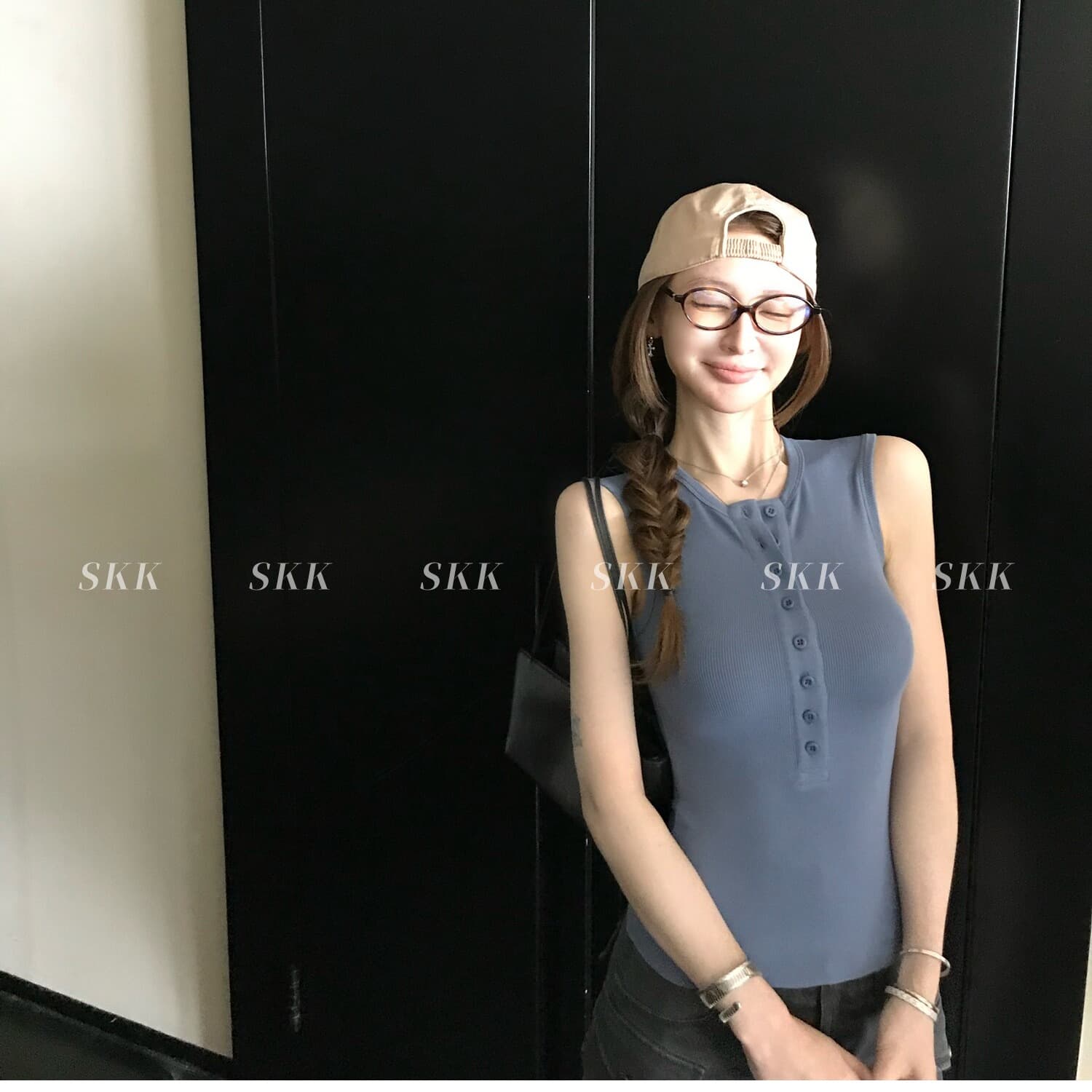 skk store 지연 남쪽 구멍 일기 분위기 여름 기타 버클 헨리 칼라 단어 조끼 맨위 민소매 작은 셔츠 이미지 3