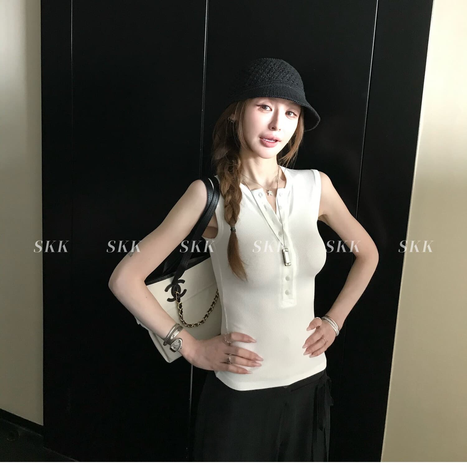 skk store 지연 남쪽 구멍 일기 분위기 여름 기타 버클 헨리 칼라 단어 조끼 맨위 민소매 작은 셔츠 이미지 4