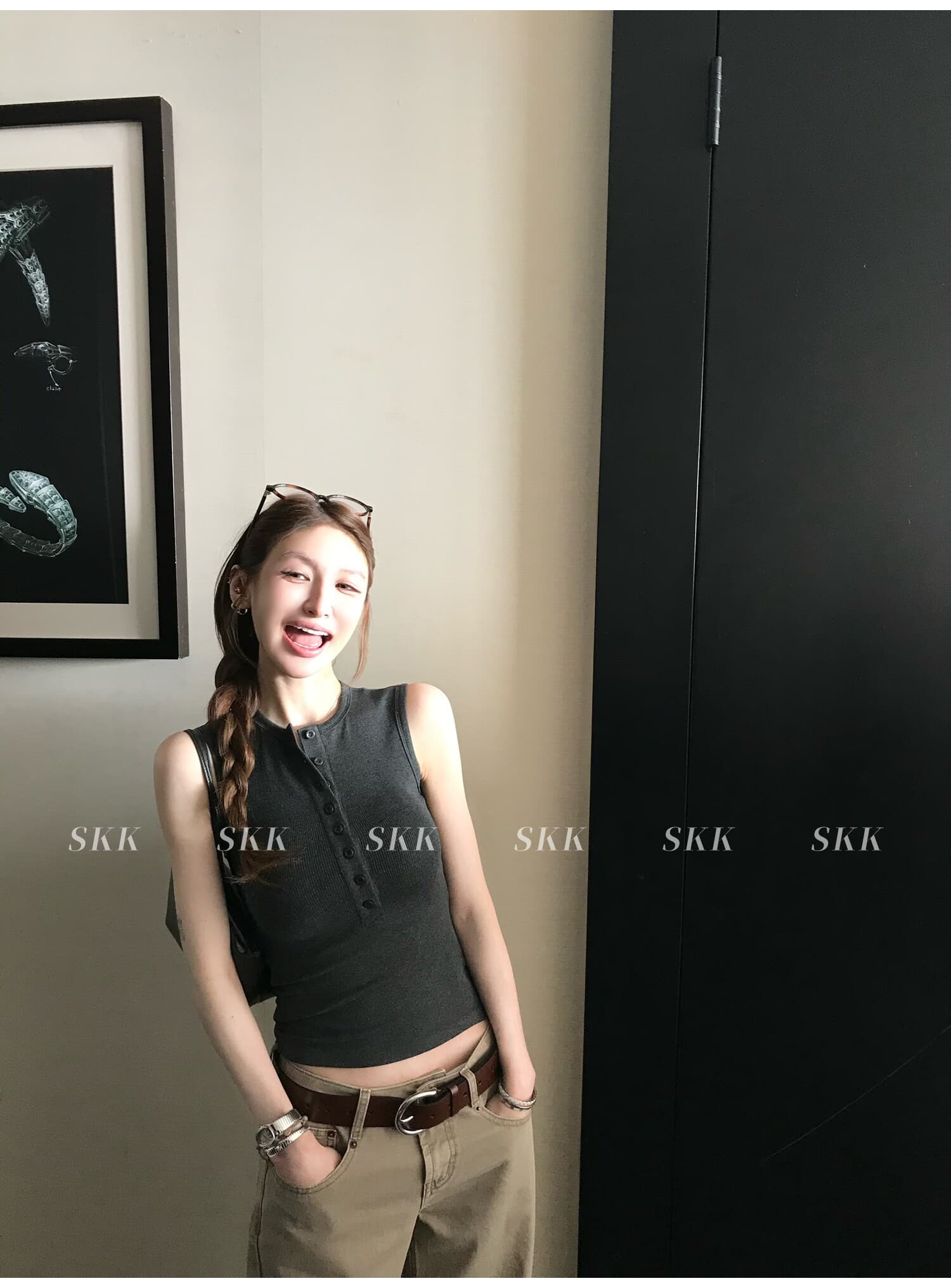 skk store 지연 남쪽 구멍 일기 분위기 여름 기타 버클 헨리 칼라 단어 조끼 맨위 민소매 작은 셔츠 상세 이미지 2