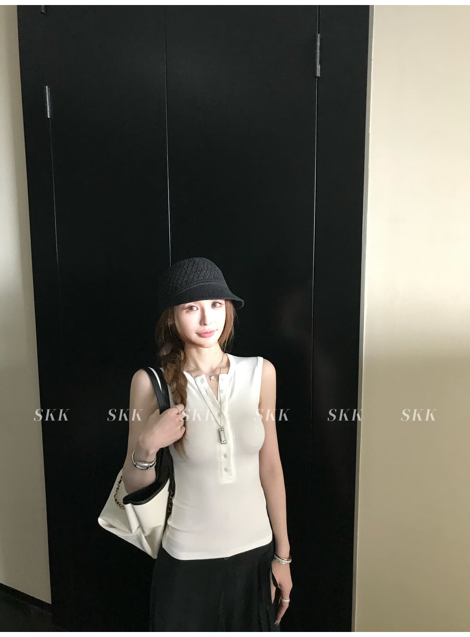 skk store 지연 남쪽 구멍 일기 분위기 여름 기타 버클 헨리 칼라 단어 조끼 맨위 민소매 작은 셔츠 상세 이미지 4