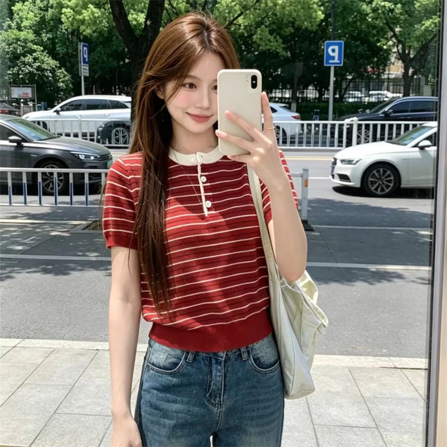 패치워크 색상 스트라이프 라운드 넥 긍정적 인 어깨 반팔 니트 스웨터 여성 여름 새로운 느긋한 바람 출퇴근 다용도 맨위 상세 이미지 2