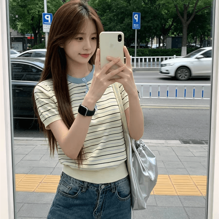 패치워크 색상 스트라이프 라운드 넥 긍정적 인 어깨 반팔 니트 스웨터 여성 여름 새로운 느긋한 바람 출퇴근 다용도 맨위 상세 이미지 6