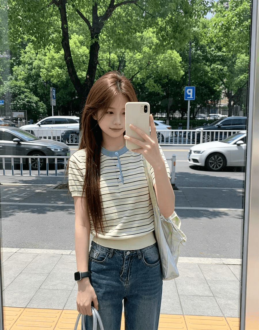 패치워크 색상 스트라이프 라운드 넥 긍정적 인 어깨 반팔 니트 스웨터 여성 여름 새로운 느긋한 바람 출퇴근 다용도 맨위 상세 이미지 7