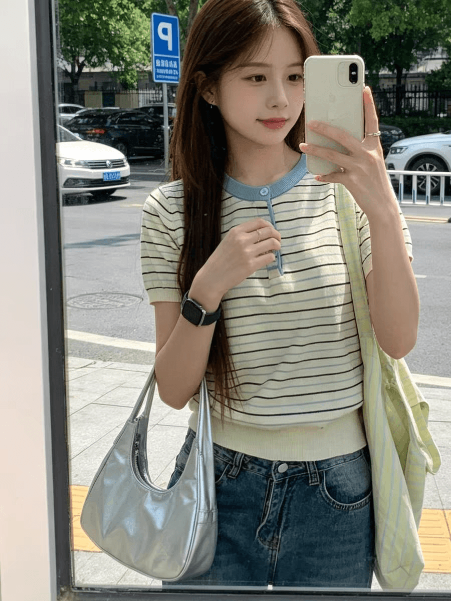 패치워크 색상 스트라이프 라운드 넥 긍정적 인 어깨 반팔 니트 스웨터 여성 여름 새로운 느긋한 바람 출퇴근 다용도 맨위 상세 이미지 9