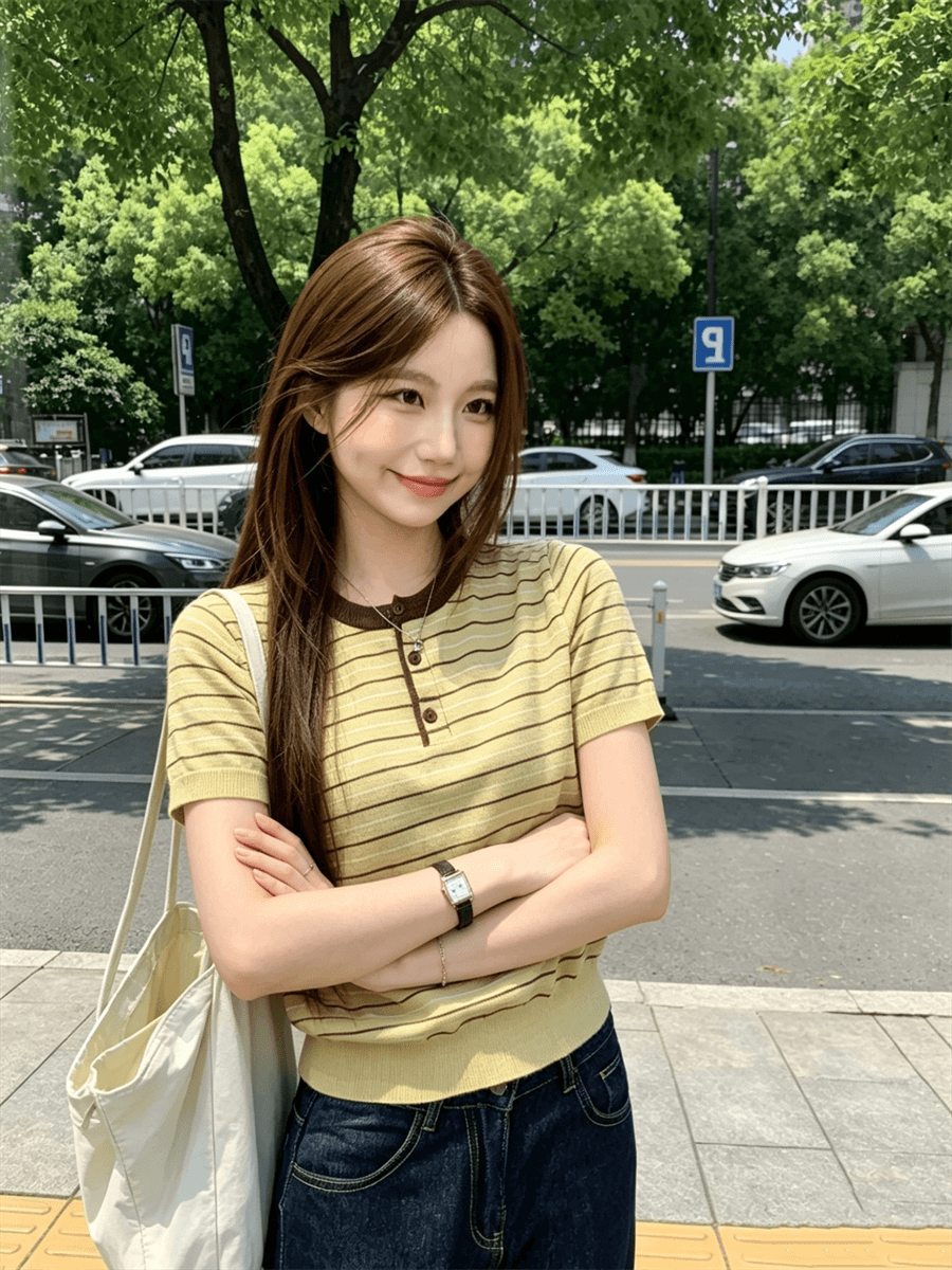 패치워크 색상 스트라이프 라운드 넥 긍정적 인 어깨 반팔 니트 스웨터 여성 여름 새로운 느긋한 바람 출퇴근 다용도 맨위 상세 이미지 13