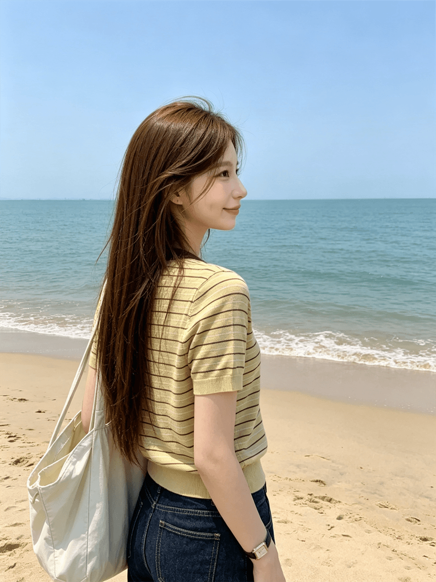 패치워크 색상 스트라이프 라운드 넥 긍정적 인 어깨 반팔 니트 스웨터 여성 여름 새로운 느긋한 바람 출퇴근 다용도 맨위 상세 이미지 15