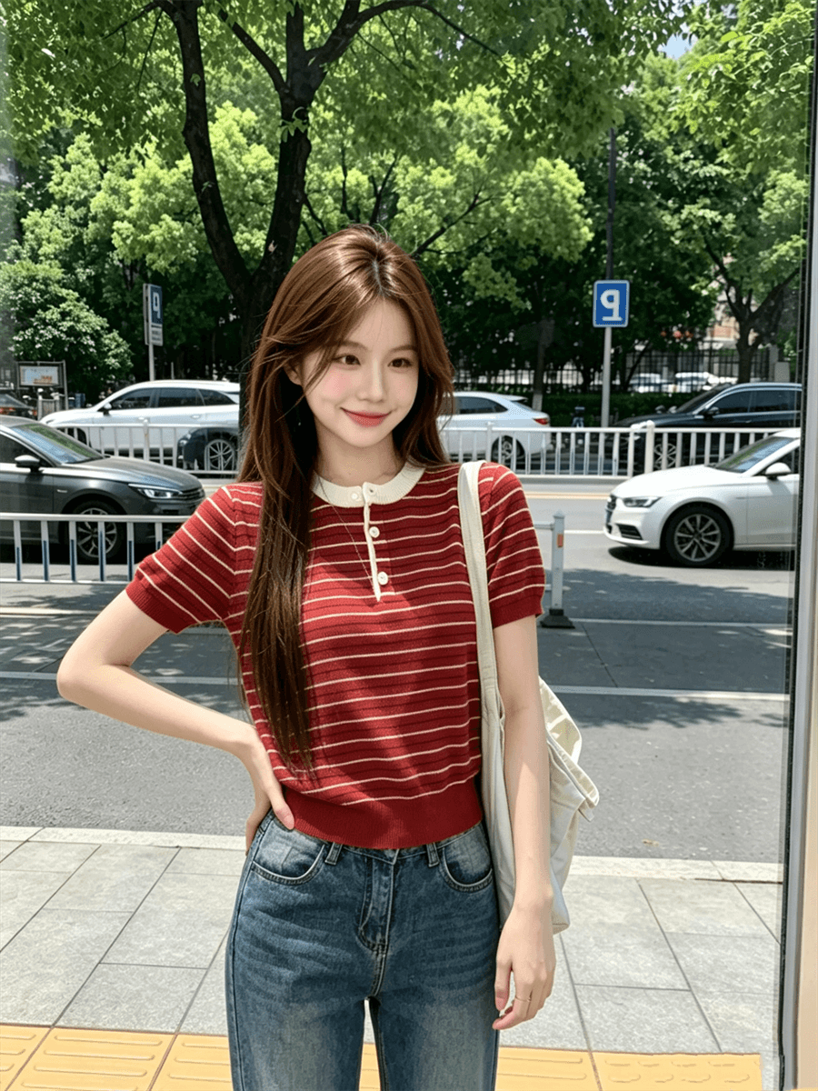 패치워크 색상 스트라이프 라운드 넥 긍정적 인 어깨 반팔 니트 스웨터 여성 여름 새로운 느긋한 바람 출퇴근 다용도 맨위 상세 이미지 17