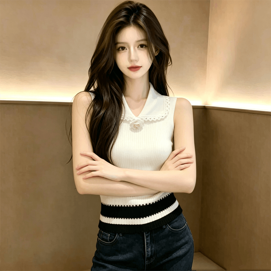 배색 3 차원 꽃 니트 조끼 여성 여름 새로운 디자인 센스 품격 민소매 맨위 상세 이미지 5
