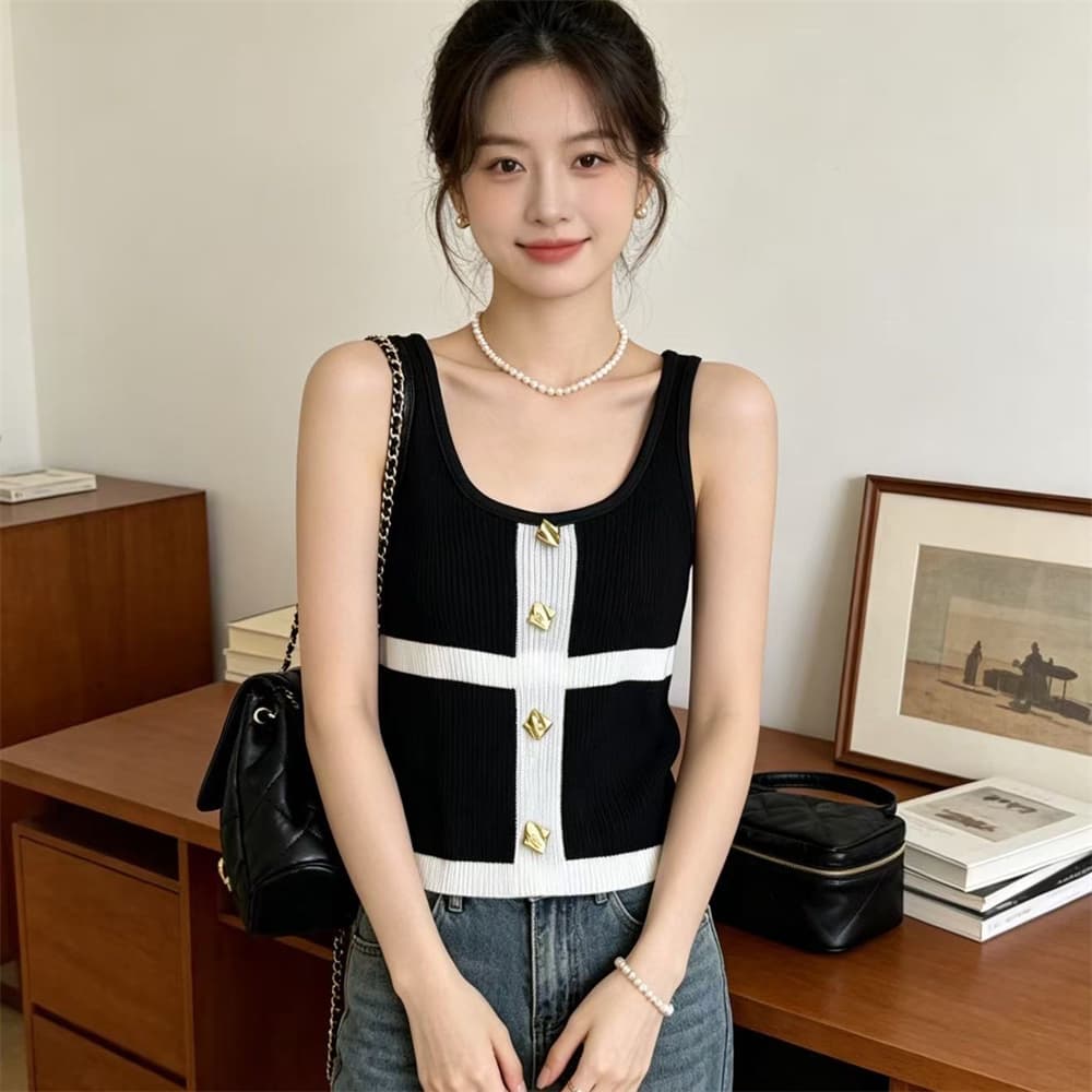 작은 샤넬 스타일 u 칼라 패치워크 색상 금속 버클 니트 스웨터 여성 여름 슬림해 보이는 절묘한 풀오버 만나는 조끼