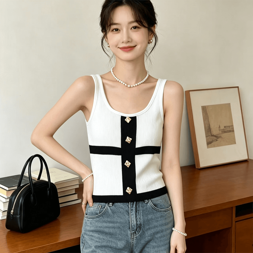 작은 샤넬 스타일 u 칼라 패치워크 색상 금속 버클 니트 스웨터 여성 여름 슬림해 보이는 절묘한 풀오버 만나는 조끼 상세 이미지 2