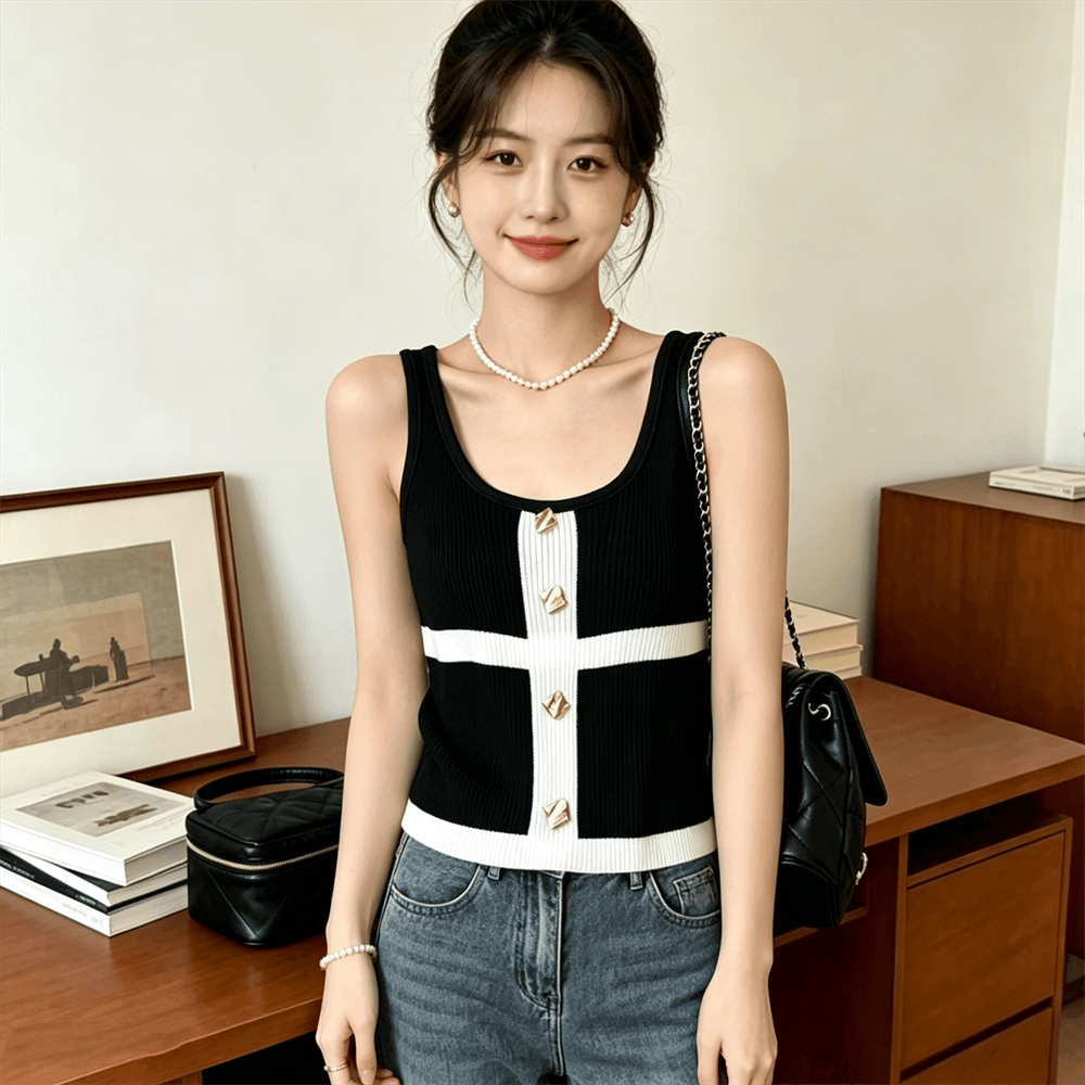 작은 샤넬 스타일 u 칼라 패치워크 색상 금속 버클 니트 스웨터 여성 여름 슬림해 보이는 절묘한 풀오버 만나는 조끼 상세 이미지 9