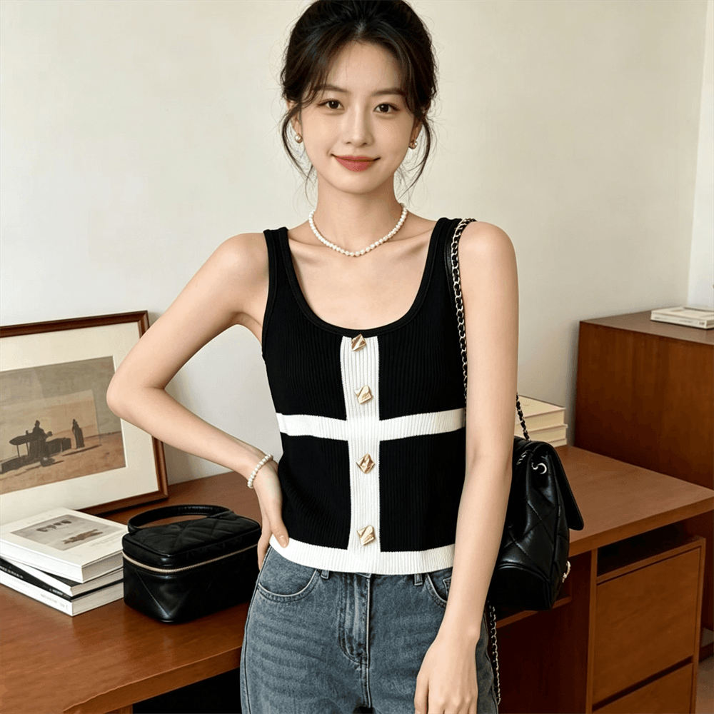 작은 샤넬 스타일 u 칼라 패치워크 색상 금속 버클 니트 스웨터 여성 여름 슬림해 보이는 절묘한 풀오버 만나는 조끼 상세 이미지 10