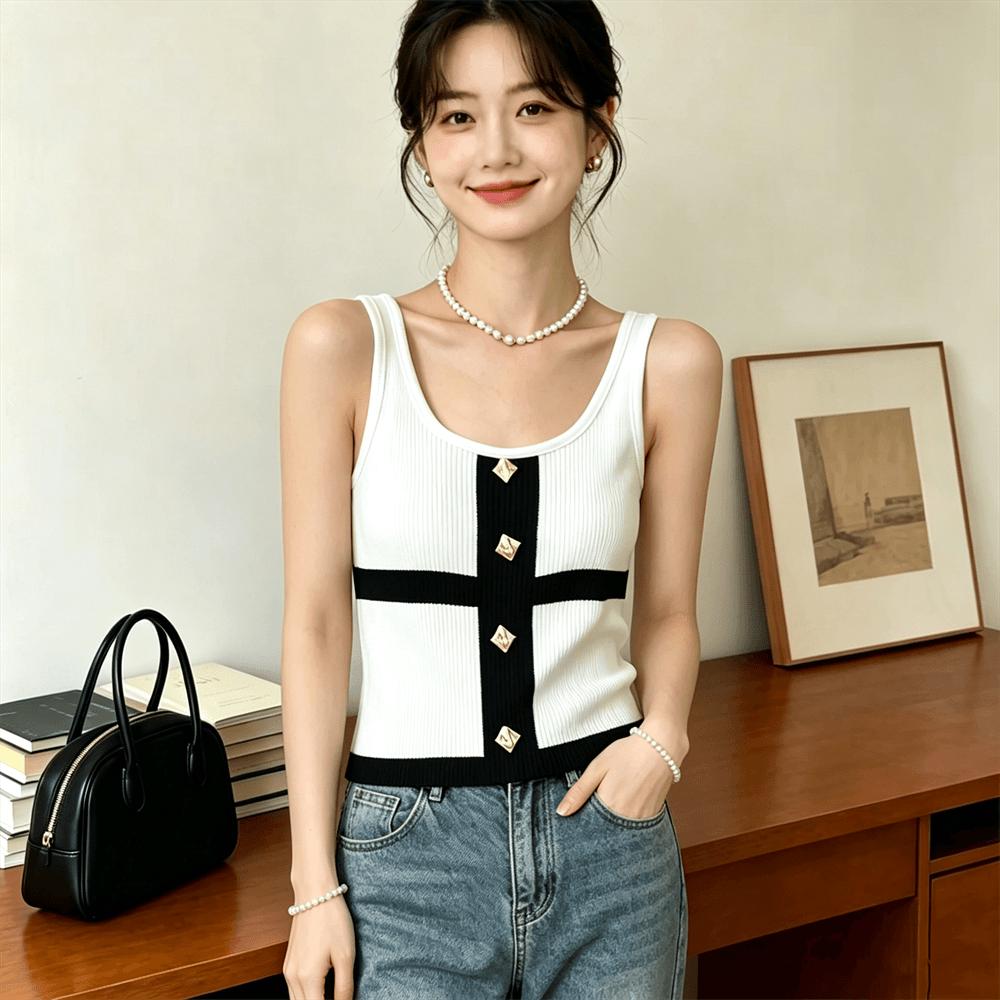 작은 샤넬 스타일 u 칼라 패치워크 색상 금속 버클 니트 스웨터 여성 여름 슬림해 보이는 절묘한 풀오버 만나는 조끼 상세 이미지 12