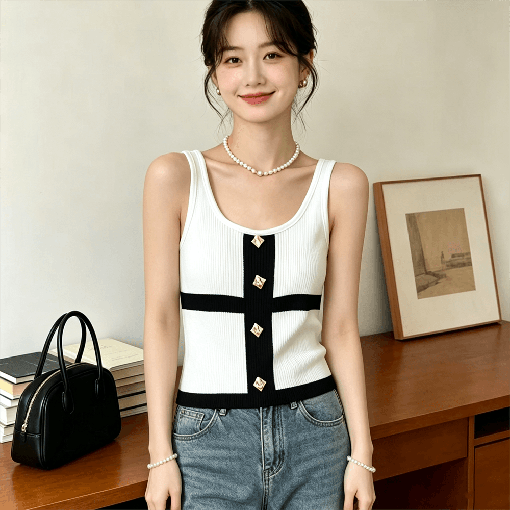 작은 샤넬 스타일 u 칼라 패치워크 색상 금속 버클 니트 스웨터 여성 여름 슬림해 보이는 절묘한 풀오버 만나는 조끼 상세 이미지 13