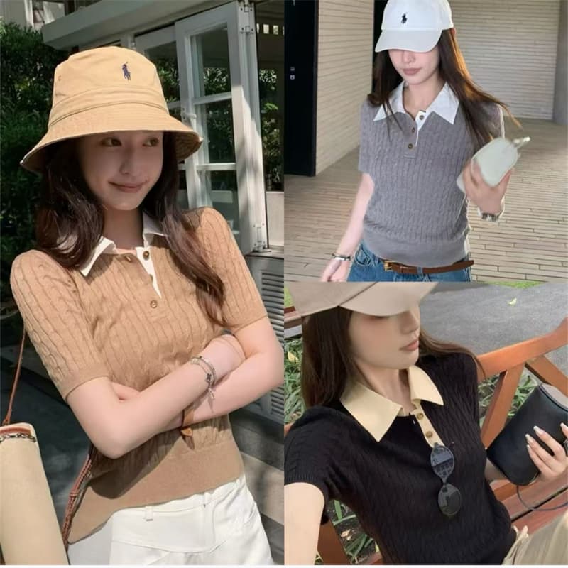 새로운 레트로 꽈배기 POLO 칼라 반팔 티셔츠 여성 디자인 센스 몸매 가꾸기 슬림해 보이는 니트 풀오버 맨위 트렌디 상세 이미지 2