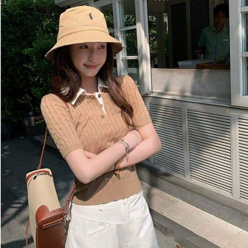 새로운 레트로 꽈배기 POLO 칼라 반팔 티셔츠 여성 디자인 센스 몸매 가꾸기 슬림해 보이는 니트 풀오버 맨위 트렌디 상세 이미지 4