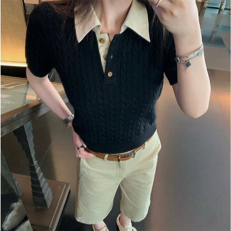 새로운 레트로 꽈배기 POLO 칼라 반팔 티셔츠 여성 디자인 센스 몸매 가꾸기 슬림해 보이는 니트 풀오버 맨위 트렌디 상세 이미지 5