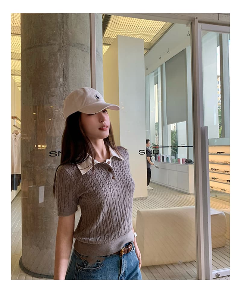 새로운 레트로 꽈배기 POLO 칼라 반팔 티셔츠 여성 디자인 센스 몸매 가꾸기 슬림해 보이는 니트 풀오버 맨위 트렌디 상세 이미지 6