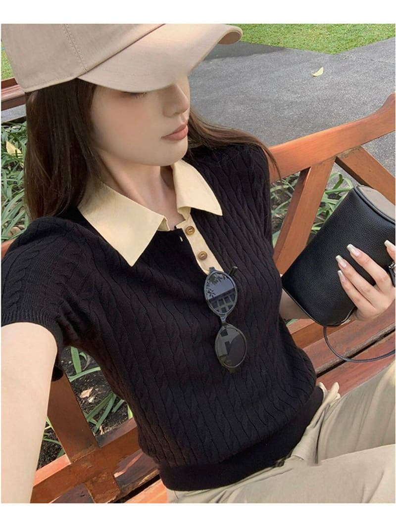 새로운 레트로 꽈배기 POLO 칼라 반팔 티셔츠 여성 디자인 센스 몸매 가꾸기 슬림해 보이는 니트 풀오버 맨위 트렌디 상세 이미지 12