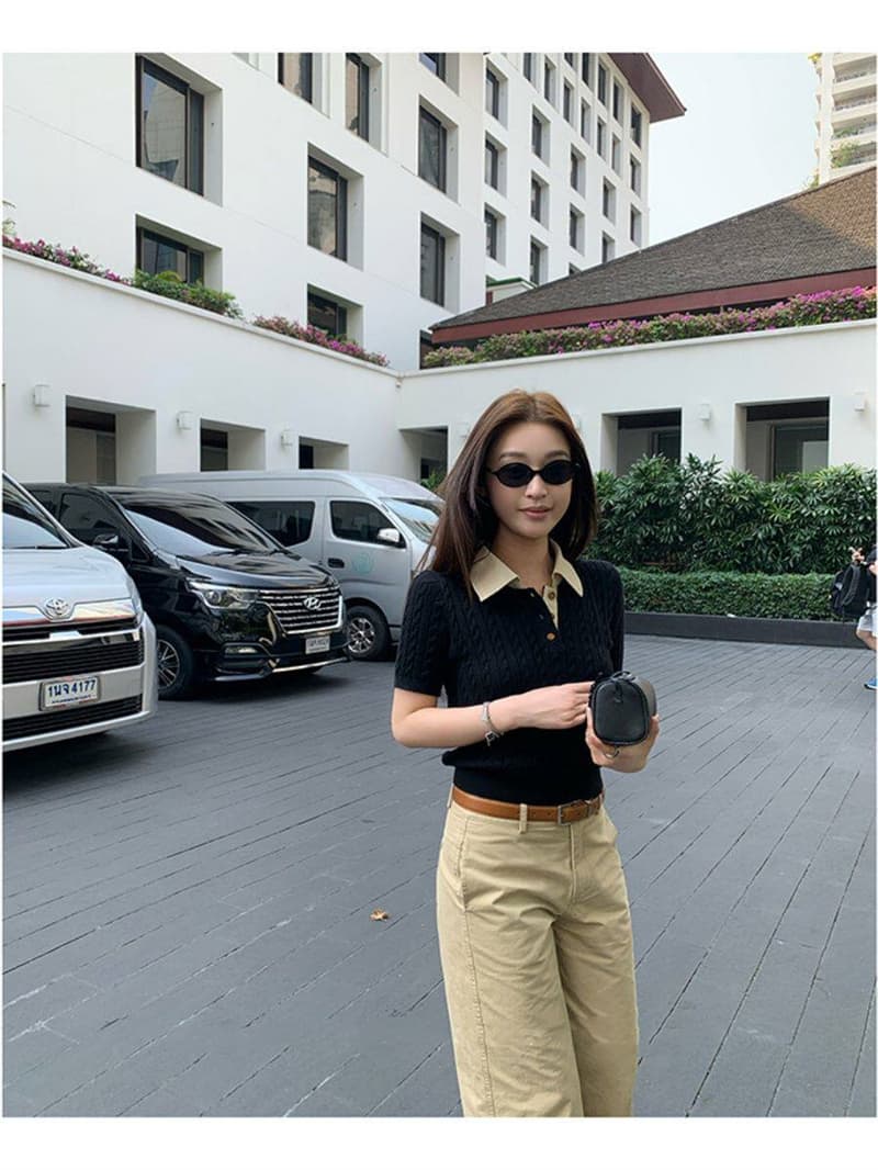 새로운 레트로 꽈배기 POLO 칼라 반팔 티셔츠 여성 디자인 센스 몸매 가꾸기 슬림해 보이는 니트 풀오버 맨위 트렌디 상세 이미지 15