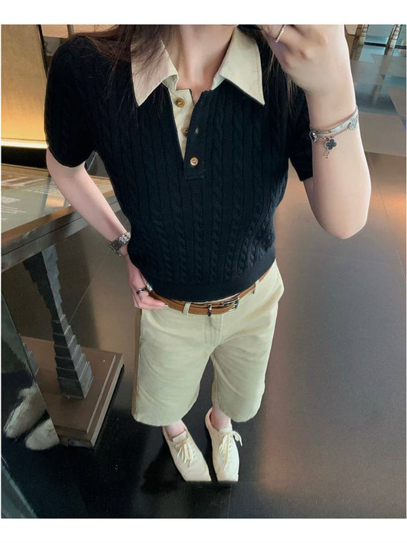 새로운 레트로 꽈배기 POLO 칼라 반팔 티셔츠 여성 디자인 센스 몸매 가꾸기 슬림해 보이는 니트 풀오버 맨위 트렌디 상세 이미지 17