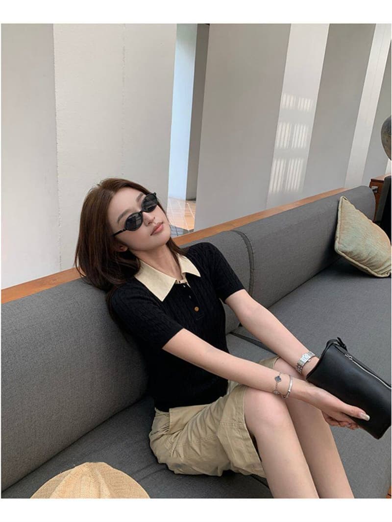 새로운 레트로 꽈배기 POLO 칼라 반팔 티셔츠 여성 디자인 센스 몸매 가꾸기 슬림해 보이는 니트 풀오버 맨위 트렌디 상세 이미지 18