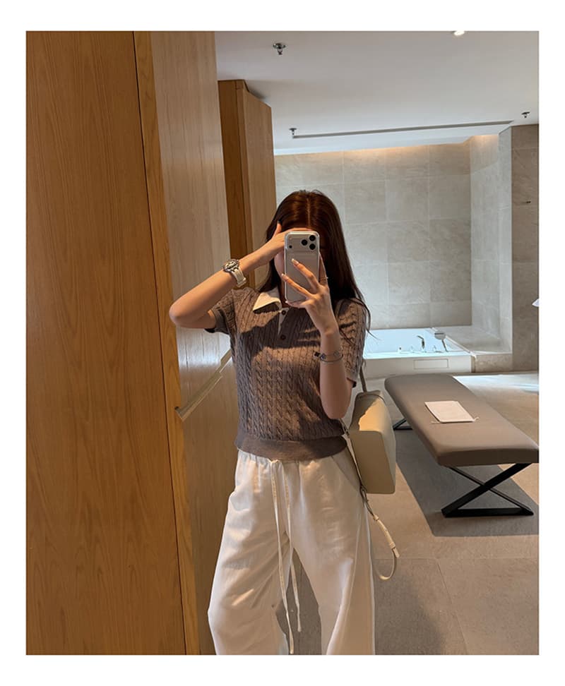 새로운 레트로 꽈배기 POLO 칼라 반팔 티셔츠 여성 디자인 센스 몸매 가꾸기 슬림해 보이는 니트 풀오버 맨위 트렌디 상세 이미지 20
