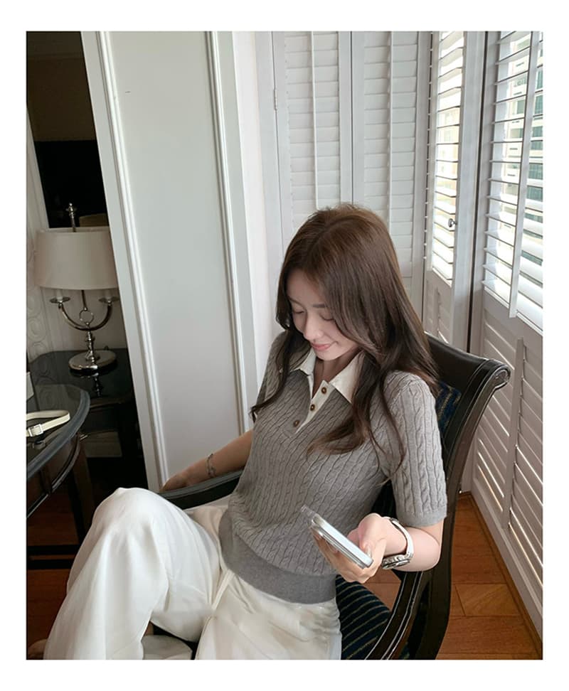 새로운 레트로 꽈배기 POLO 칼라 반팔 티셔츠 여성 디자인 센스 몸매 가꾸기 슬림해 보이는 니트 풀오버 맨위 트렌디 상세 이미지 22
