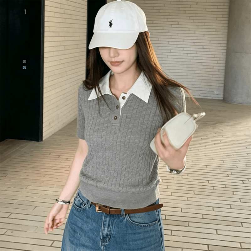 새로운 레트로 꽈배기 POLO 칼라 반팔 티셔츠 여성 디자인 센스 몸매 가꾸기 슬림해 보이는 니트 풀오버 맨위 트렌디 상세 이미지 23