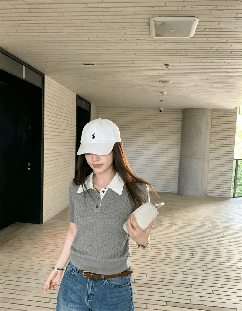 새로운 레트로 꽈배기 POLO 칼라 반팔 티셔츠 여성 디자인 센스 몸매 가꾸기 슬림해 보이는 니트 풀오버 맨위 트렌디 상세 이미지 24