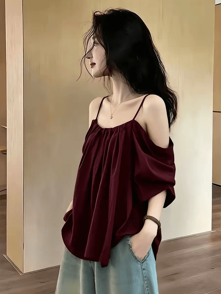 한 부서 검정색 오프숄더 슬립 반팔 티셔츠 2026 여름 새로운 슬림해 보이는 Chic 순수한 욕망 바람 맨위 상세 이미지 4