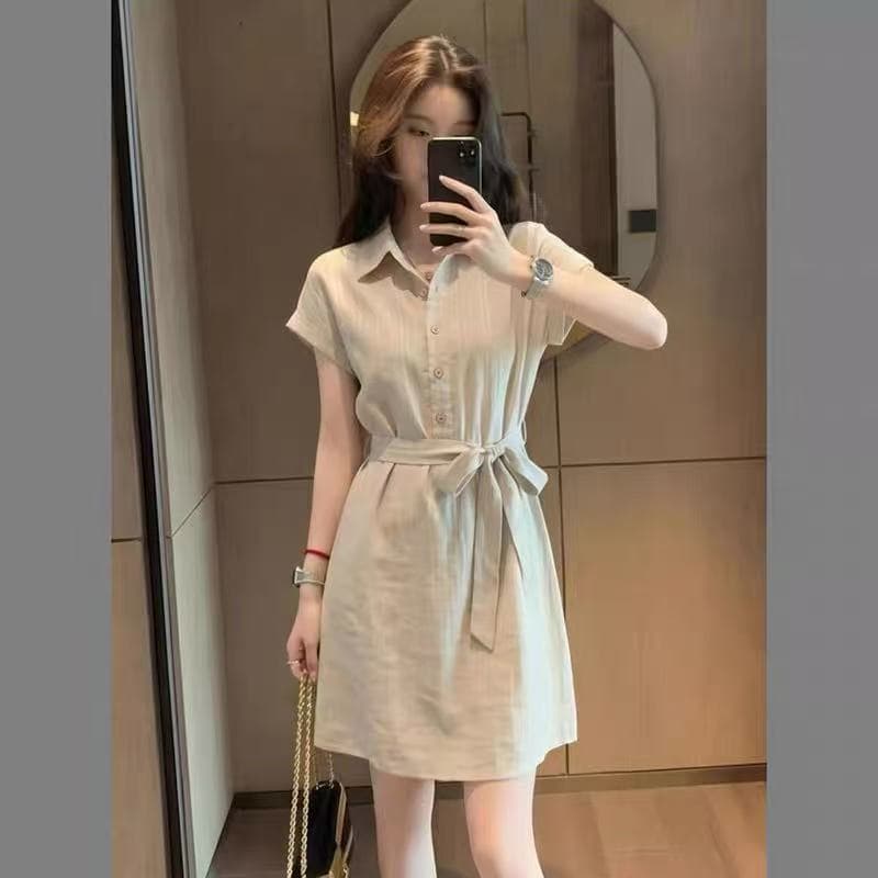 여름 새로운 한 스타일 캐주얼 바람 폴로 칼라 반팔 셔츠 드레스 여성 의류 허리 수축 한 마디 드레스 고급 센스 티셔츠 치마 이미지 3
