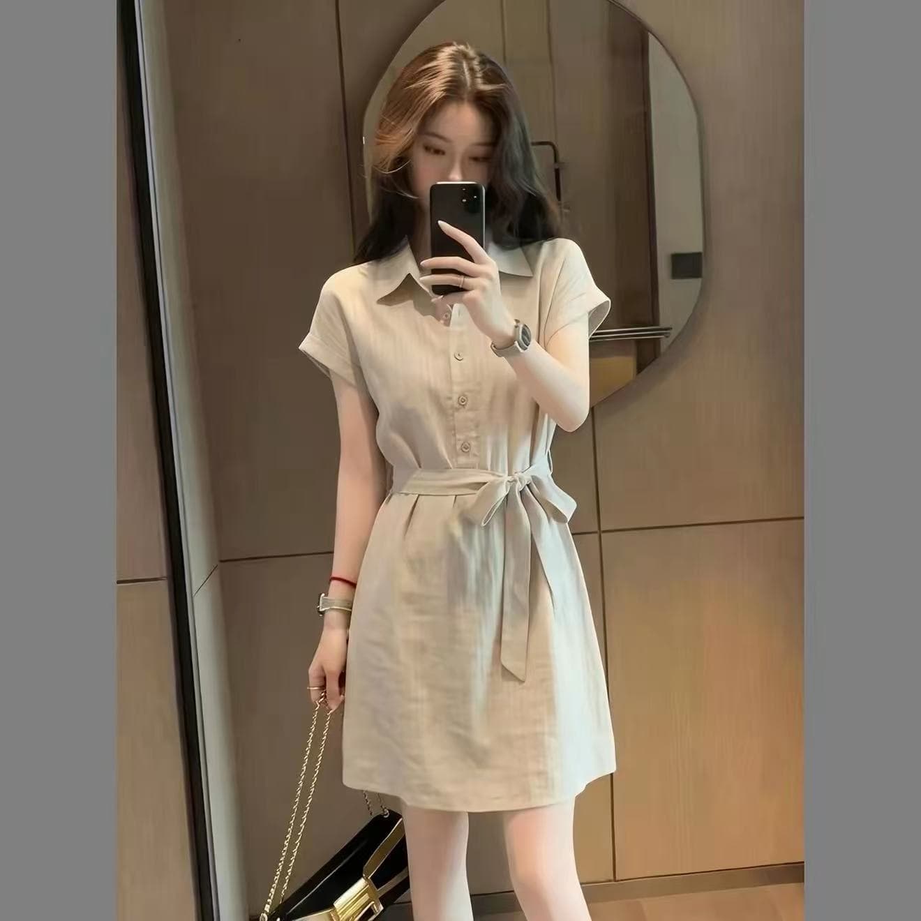 여름 새로운 한 스타일 캐주얼 바람 폴로 칼라 반팔 셔츠 드레스 여성 의류 허리 수축 한 마디 드레스 고급 센스 티셔츠 치마 상세 이미지 1