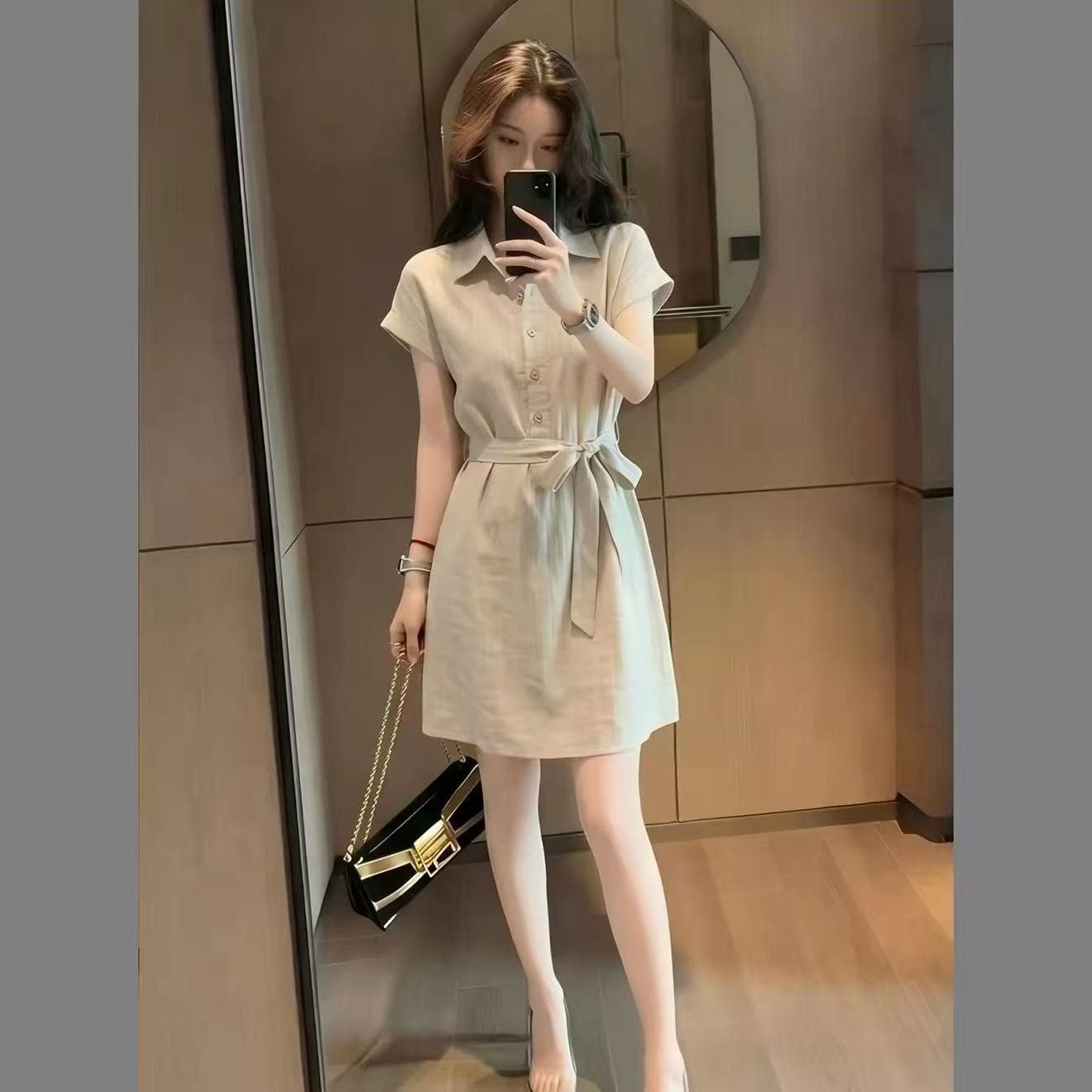 여름 새로운 한 스타일 캐주얼 바람 폴로 칼라 반팔 셔츠 드레스 여성 의류 허리 수축 한 마디 드레스 고급 센스 티셔츠 치마 상세 이미지 2