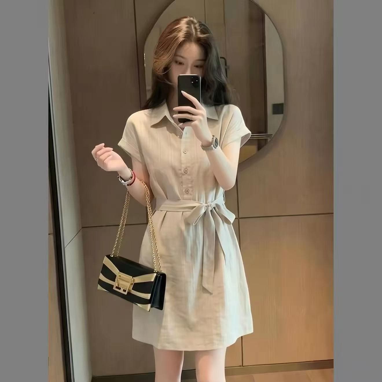 여름 새로운 한 스타일 캐주얼 바람 폴로 칼라 반팔 셔츠 드레스 여성 의류 허리 수축 한 마디 드레스 고급 센스 티셔츠 치마 상세 이미지 3
