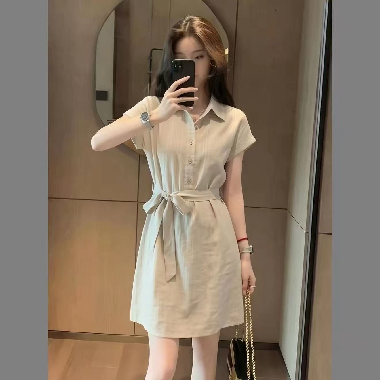 여름 새로운 한 스타일 캐주얼 바람 폴로 칼라 반팔 셔츠 드레스 여성 의류 허리 수축 한 마디 드레스 고급 센스 티셔츠 치마 상세 이미지 5
