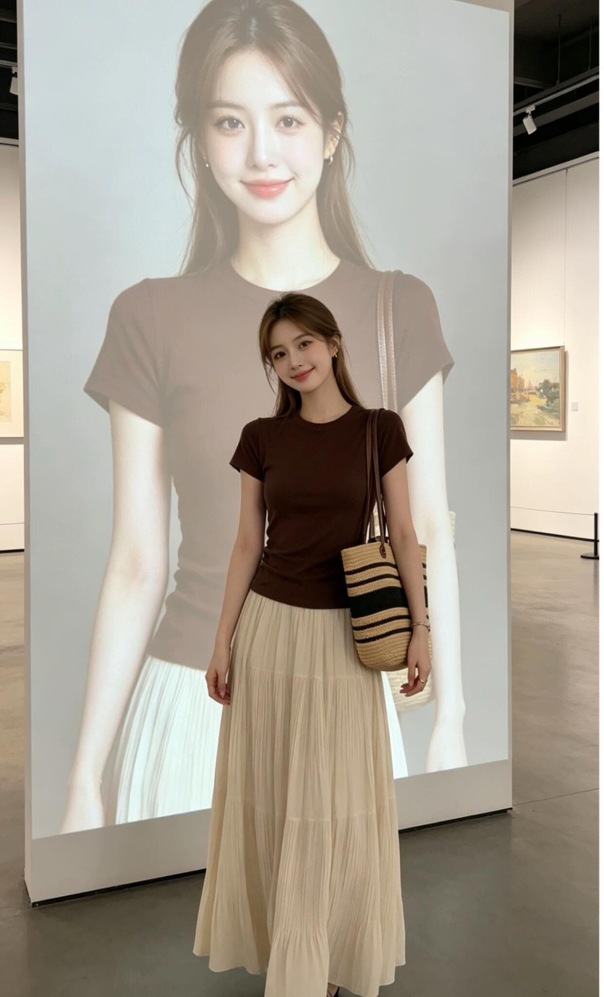 로얄 자매 빛 요리 한 바람 세트 여성 여름 새로운 커피 색상 반팔 니트 스웨터 플리츠 반신 롱 스커트 슬림해 보이는 투피스 세트 상세 이미지 3