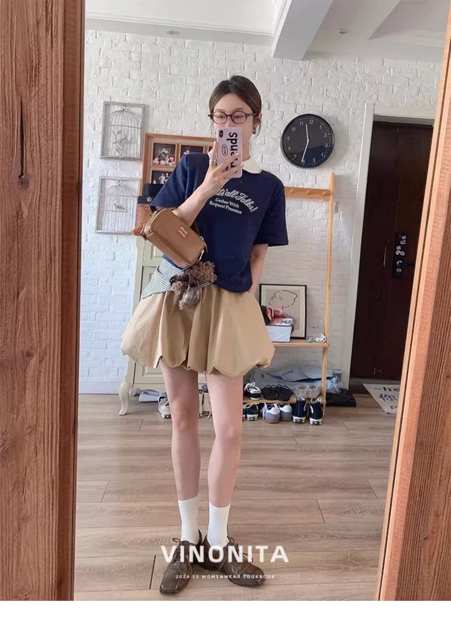여름 자수 순면 맨위 플러스 퍼프 미니 스커트 작은 키 슈퍼 화재 카키 색 꽃밭 반신 치마 세트 이미지 3