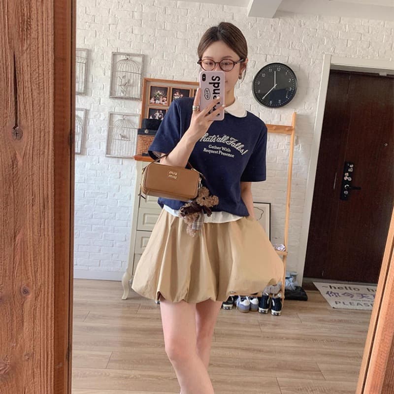 여름 자수 순면 맨위 플러스 퍼프 미니 스커트 작은 키 슈퍼 화재 카키 색 꽃밭 반신 치마 세트 이미지 5