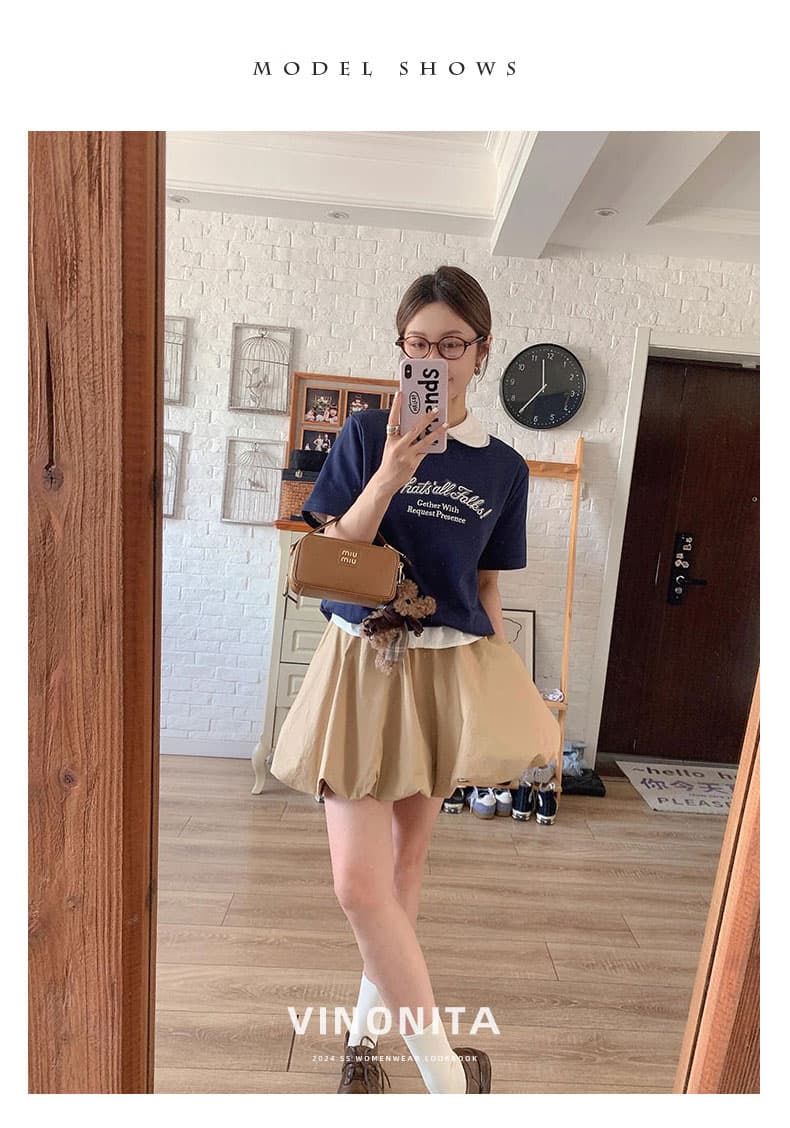 여름 자수 순면 맨위 플러스 퍼프 미니 스커트 작은 키 슈퍼 화재 카키 색 꽃밭 반신 치마 세트 상세 이미지 3