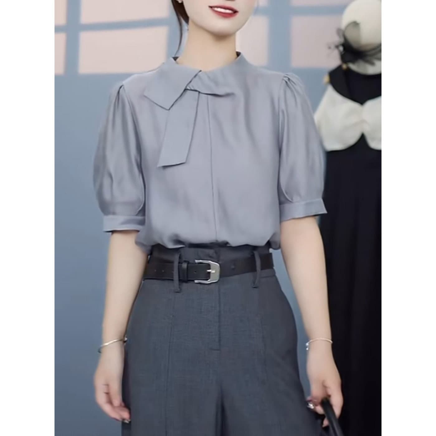 패션 고급 센스 나비 매듭 반팔 셔츠 회색 맨위 여성 여름 새로운 루즈핏 슬림해 보이는 외국 가스 연령 감소 티셔츠 상세 이미지 2
