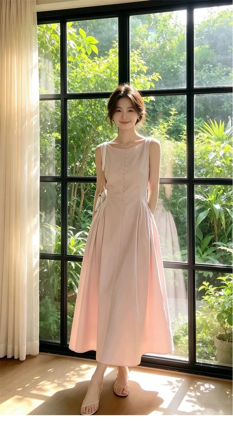 핑크색 민소매 조끼 슬립 드레스 아이들 여름 2026 년 새로운 인기 폭발 프랑스식 허리 수축 롱 스커트 상세 이미지 3
