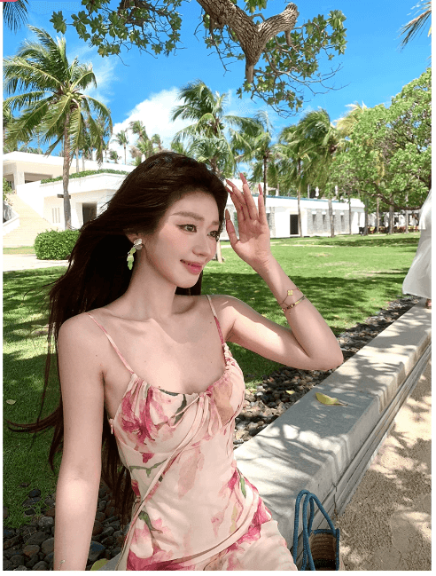 sya 크 사이 작은 웨스트 프랑스식 분말 아름다움 헤일로 염색 프린트 여성 드레스 여름 펌프 Pleat 휴가 롱 코트 튜브탑 슬립 드레스 이미지 3
