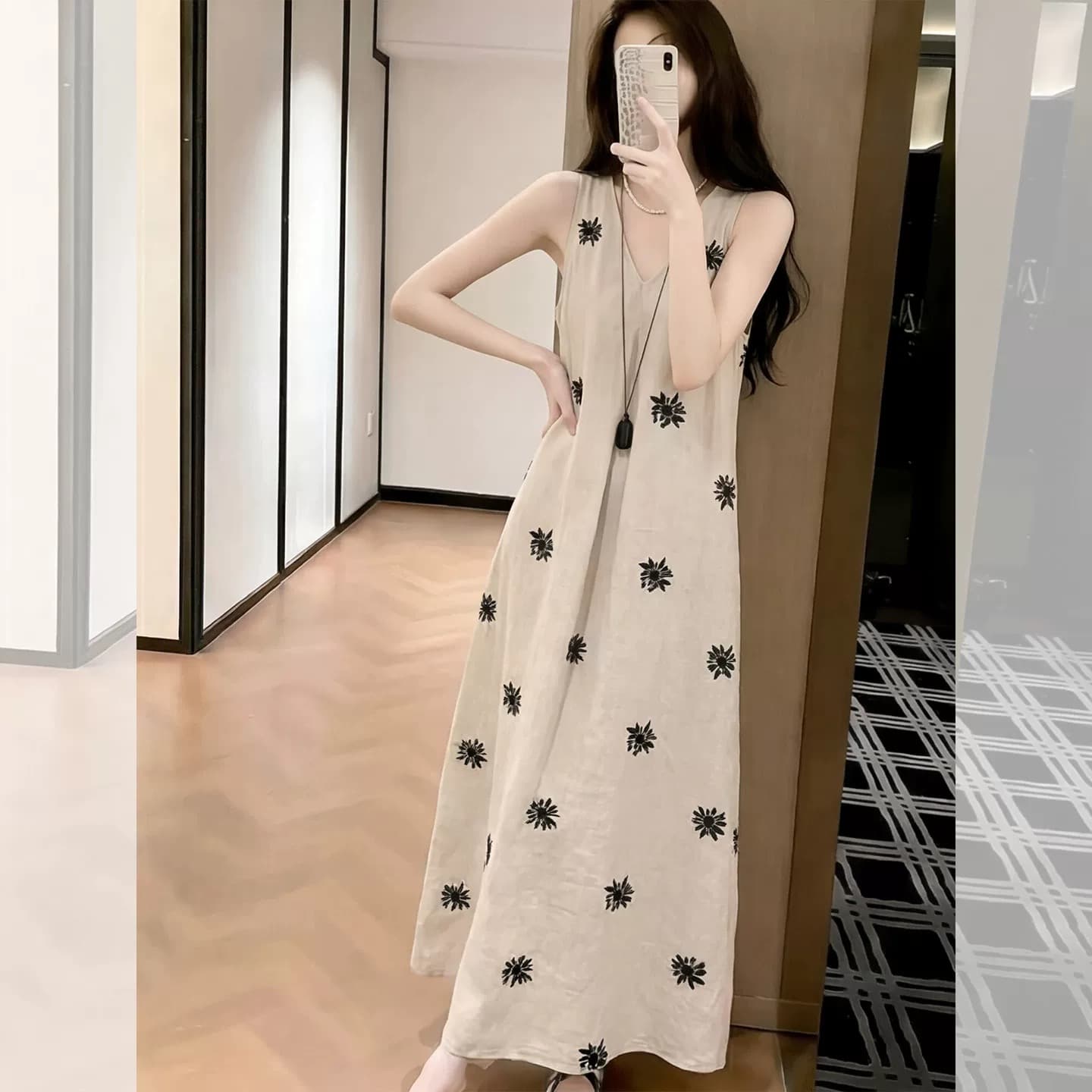 한 부서 느긋한 바람 여성 드레스 여름 2026 새로운 프린트 미니멀리즘 민소매 조끼 스커트 여성 슬림해 보이는 롱 스커트 상세 이미지 4