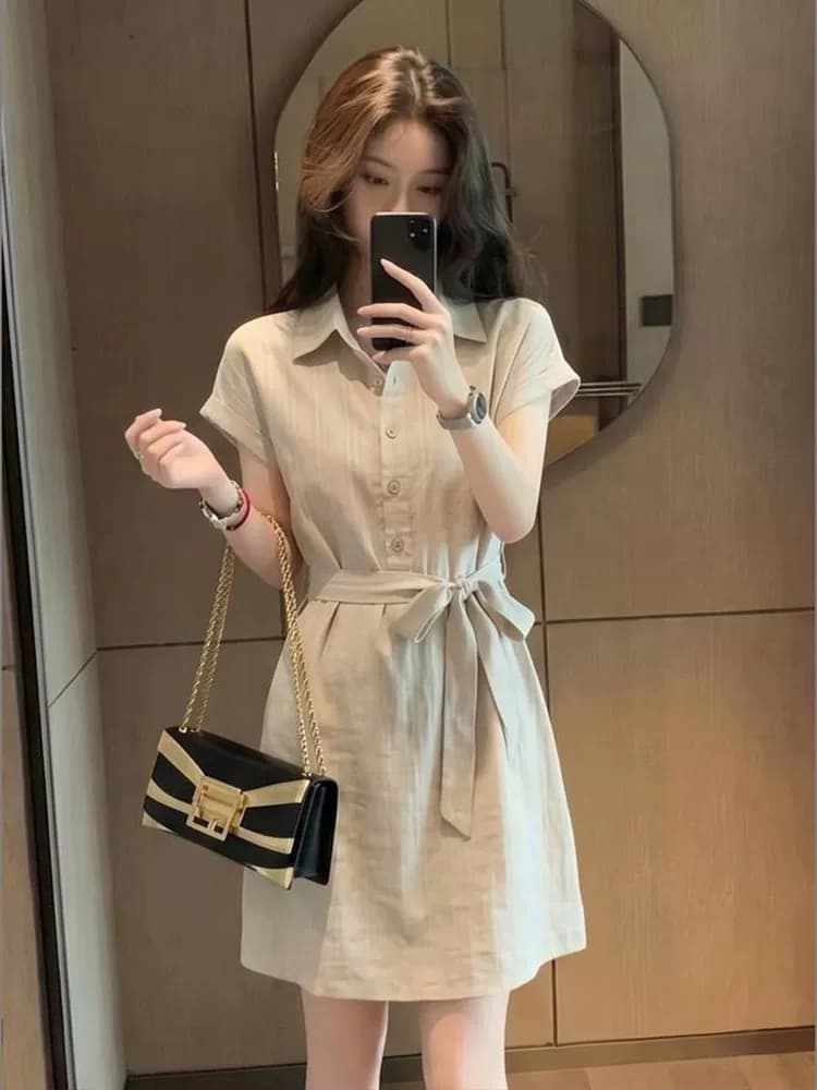 여름 새로운 한 스타일 캐주얼 바람 폴로 칼라 반팔 셔츠 드레스 여성 의류 허리 수축 한 마디 드레스 고급 센스 티셔츠 치마