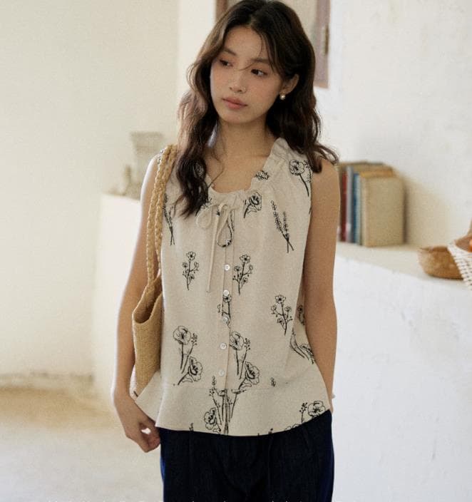 면 린넨 자수 민소매 여성 셔츠 여름 프릴 펌프 Pleat 레이스업 루즈핏 슬림해 보이는 휴가 바람 맨위