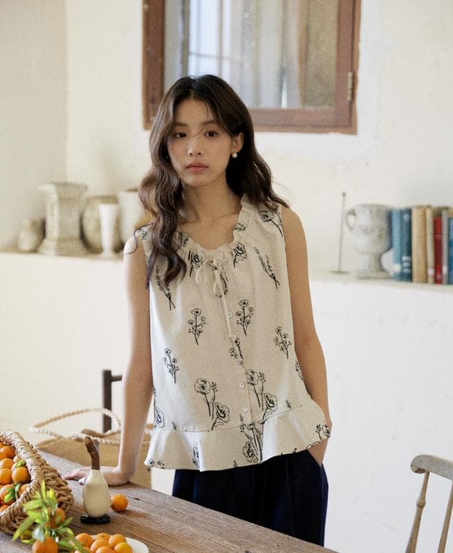 면 린넨 자수 민소매 여성 셔츠 여름 프릴 펌프 Pleat 레이스업 루즈핏 슬림해 보이는 휴가 바람 맨위 상세 이미지 6
