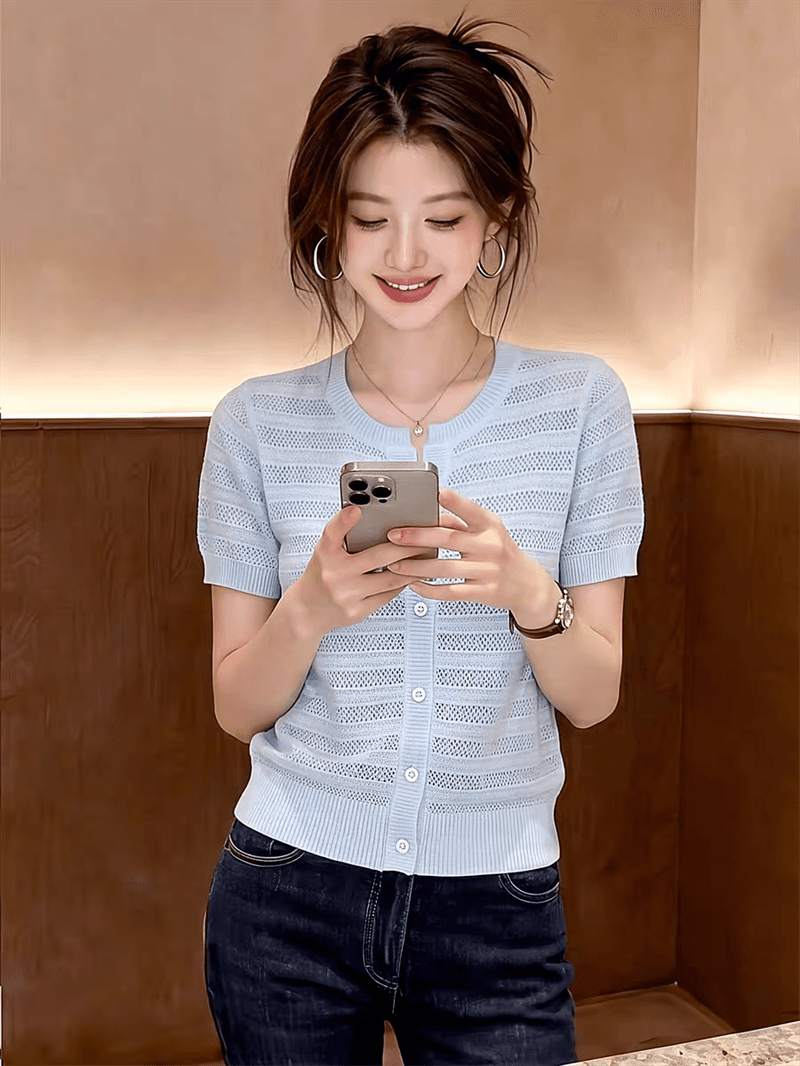 디자인 센스 파란색 니트 오픈 가디건 반팔 티셔츠 여성 여름 새로운 패션 다용도 외국 가스 연령 감소 맨위 상세 이미지 7